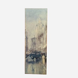 Vintage Mid Century City Street Scene Painting 1950’s Urban Skyline Signed 12x36